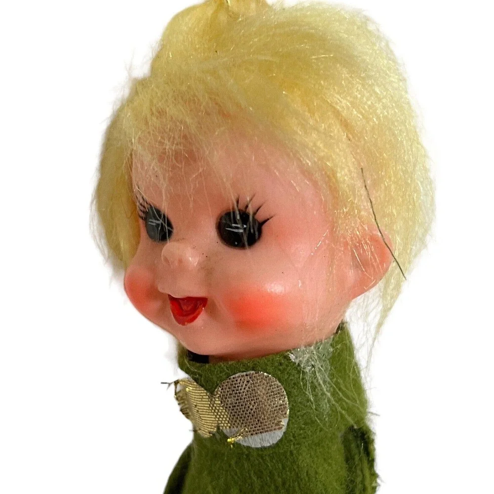 Pixie Elf Green Felt Plastic Face Christmas Ornament Made in JAPAN 6